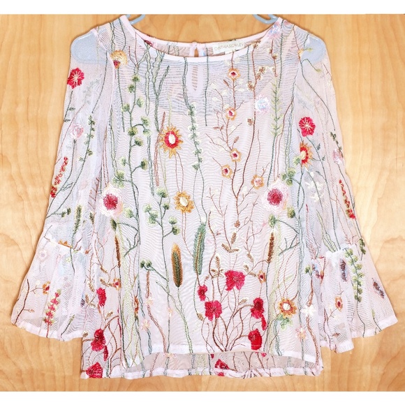 Cynthia Rowley Tops - Cynthia Rowley Bell Sleeve Embroidered Mesh Top